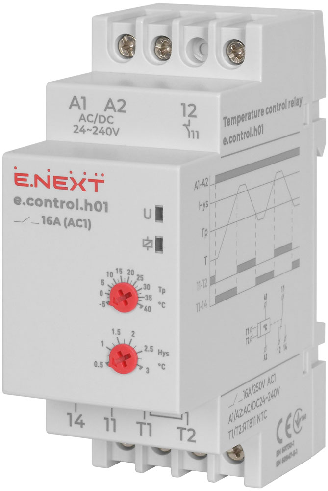 Przekaźnik kontroli temperatury e.control.h01, 16A, АС/DC 24-240, -5…+40 °С
