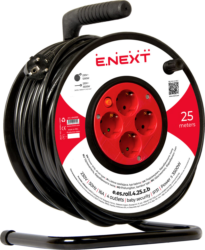 Przedłużacz e.es.roll.4.25.z.b.,  25m, baby protect, przewód 3х1,5kV.mm