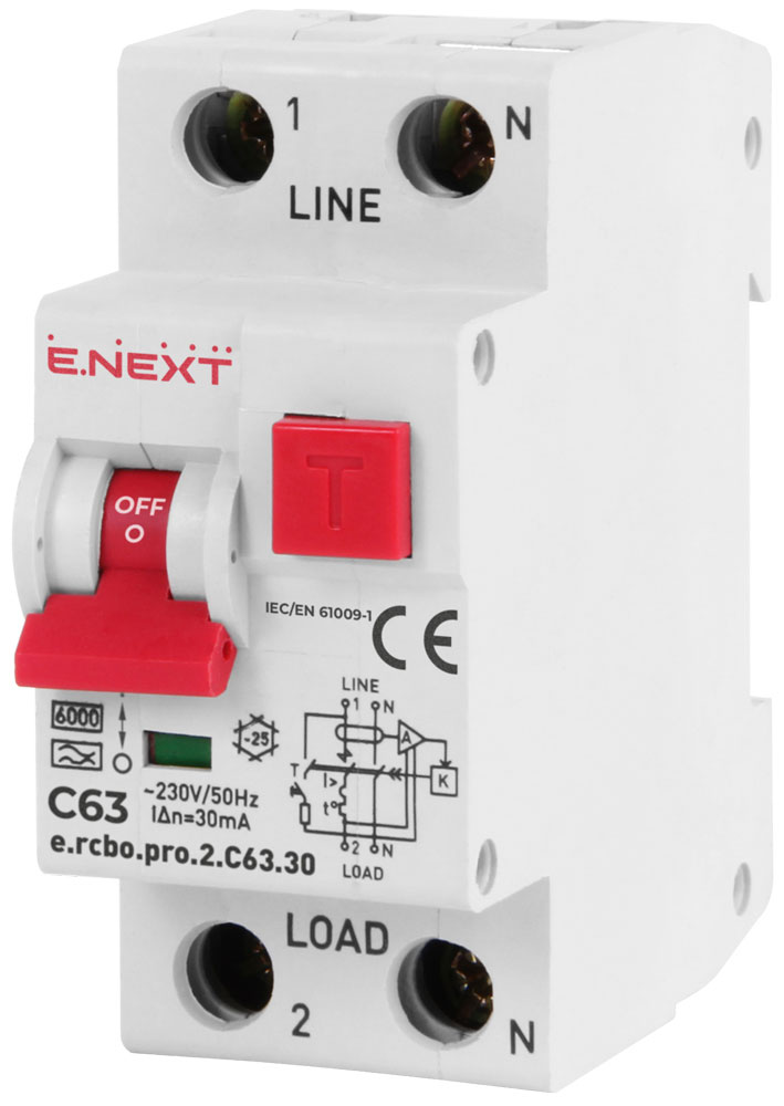 Wyłącznik różnicowoprądowy z zabezpieczeniem nadprądowym e.rcbo.pro.2.C63.30, 1P+N, 63А, С, тип А, 30мА