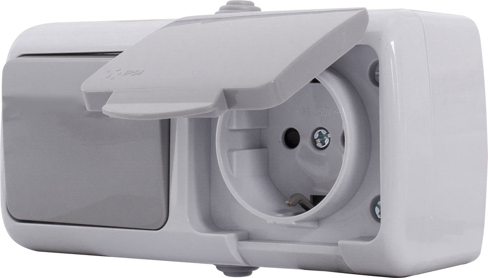 Gniazdo zasilające + przełącznik jednoprzyciskowy e.aqua.1234.grg, do montażu zewnętrznego, IP54, szary