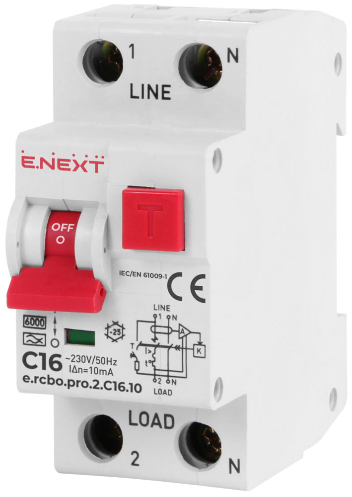 Wyłącznik różnicowoprądowy z zabezpieczeniem nadprądowym e.rcbo.pro.2.C16.10, 1P + N, 1P + N, 16A, C, typ A, 10mA