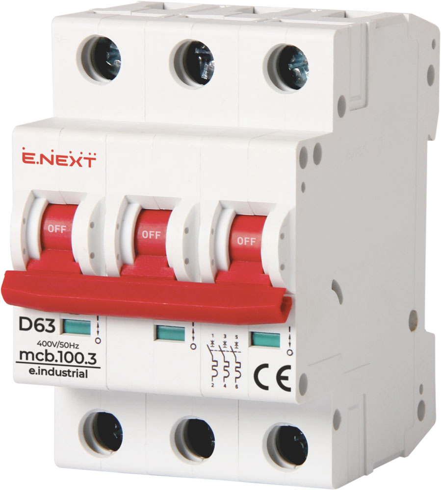 Modułowy wyłącznik automatyczny e.industrial.mcb.100.3.D.63, 3р, 63А, D, 10кА