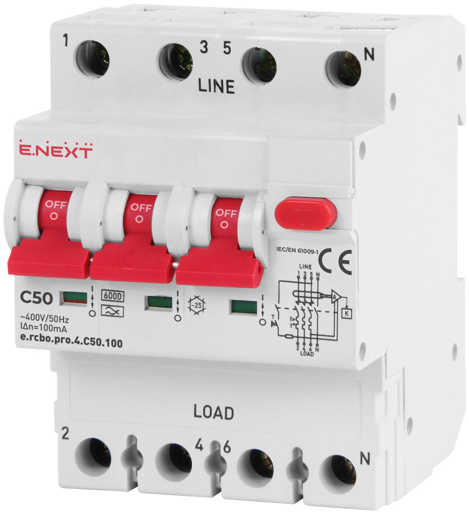 Wyłącznik różnicowoprądowy z zabezpieczeniem nadprądowym e.rcbo.pro.4.C50.100, 3P+N, 50А, С, тип А, 100мА